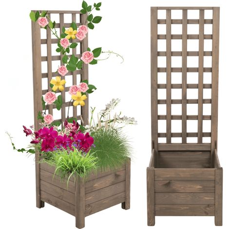 MODO24 Jardinière avec treillis bois de pin, sur pieds, bac à fleurs 116x40x40 cm, jardin/balcon/terrasse, gris imprégné