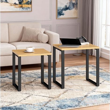 Lot de 2 tables basses effet bois avec cadre métal, 60x50x60 cm, naturel (1/5)