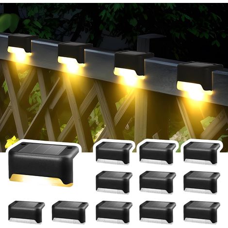 Lot de 12 lampes solaires pour extérieur, escaliers, lumières LED étanches pour escaliers extérieurs, marches, clôture, cour, terrasse, gouttière, allée, décoration (noir, blanc chaud) (1/5)