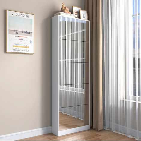 Armoire à chaussures 185 cm blanche en MDF et miroir avec 5 abattants et gain de place (1/5)
