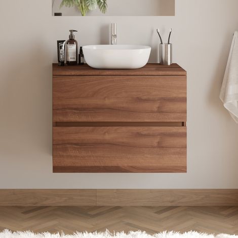 Meuble de salle de bain 60cm avec plateau et vasque à poser arrondie - 2 tiroirs - sans miroir - noyer (bois foncé) - IDA (1/5)