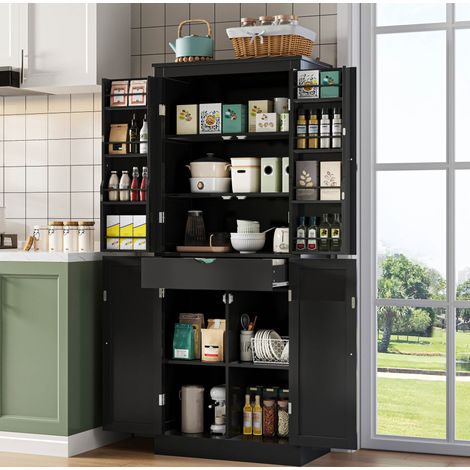 REDOM - Armoire de cuisine 75x40x182 cm, rangement multifonction, tiroir intérieur, étagères et compartiments, MDF noir (1/5)