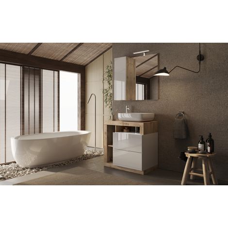 Conjunto de baño, mueble+espejo+lavabo HAMBURG blanco brillante, Kadiz 79 x 79 x 49 cm