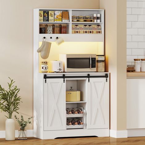 Buffet de cuisine avec prises électriques. Éclairage LED. Porte-bouteilles et portes coulissantes. 100 x 38 x 180 cm. Blanc.