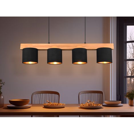 LED Holzbalken Pendelleuchte 4-flammig Stoffschirme Schwarz Gold, B: 75cm (1/5)