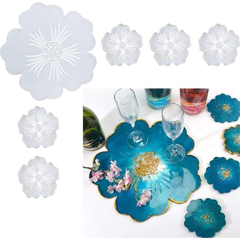 Ensemble de 6 moules en résine pour sous-verres, grand plateau en silicone en forme de fleur. (1/5)