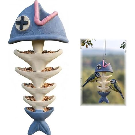 Mangeoire à oiseaux à suspendre en forme d'os de poisson, dispositif créatif à suspendre pour l'extérieur, mangeoire pour oiseaux sauvages avec perchoirs, décoration de jardin à suspendre et (1/5)