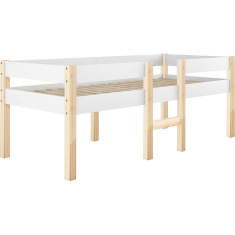 Cama infantil semialta 90 x 200 cm con barrera de seguridad, blanca y roble (1/5)