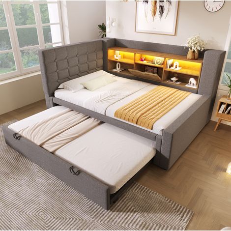 Lit adulte rangement LED 90x200 bois gigogne charge HAVRYA (1/5)