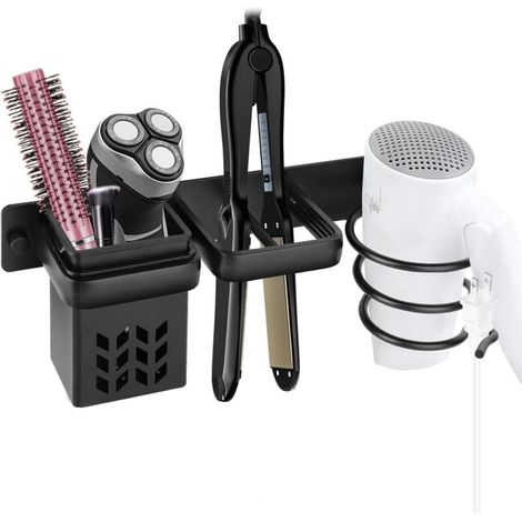 Hair Dryer Holder, Wall Mounted Hair Dryer Holder, Hair Dryer and Straightener Storage Holder, Hair Brush, Hair Dryer, Straightener for Bathroom, Bedroom, Hotel, Black MUMU (1/4)