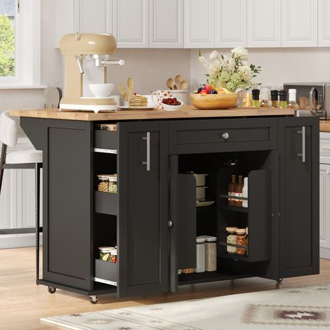 Isla de cocina móvil con encimera abatible, carrito de cocina con 3 cajones verticales, 2 estantes con puerta y ruedas con freno, 120 × 45 (70) × 87 cm (1/5)