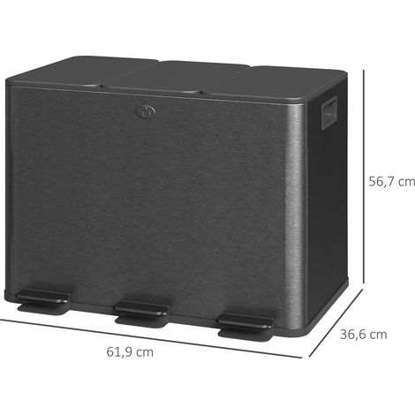 Poubelle de cuisine, poubelle tri sélectif, 3 compartiments de 20L, seaux intérieurs amovibles, 61,9x36,6x56,7cm, noir (1/5)