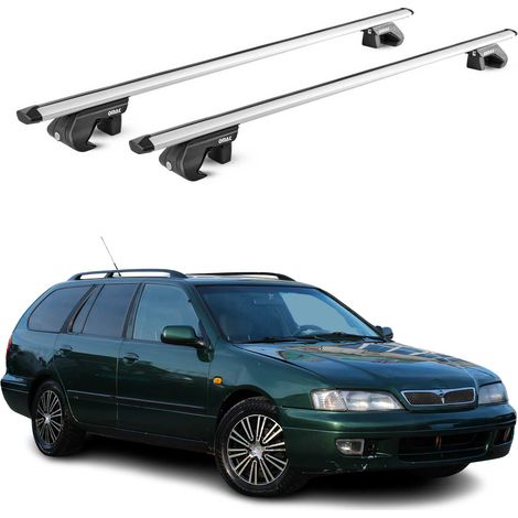 OMAC Dachträger Aluminium TÜV geprüft für Nissan Primera Kombi P10 P11 P12 1990-2007 5Tür – Für Standard Dachreling – T Nut – Max 90 kg – 2 Schlösser Silber (1/5)