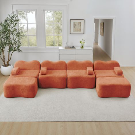 Divano modulare 4 posti in velluto arancione, configurazione a U con 2 pouf, senza telaio, per soggiorno (1/5)