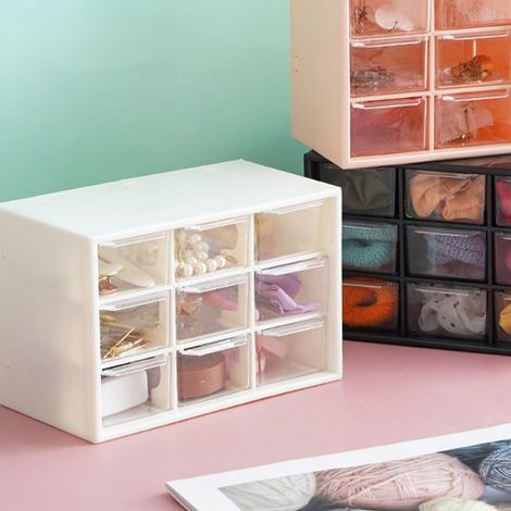 Boîte de rangement anti-poussière à tiroir pour fournitures scolaires, bijoux et cosmétiques, style étudiant, avec neuf compartiments - Blanche (1/4)