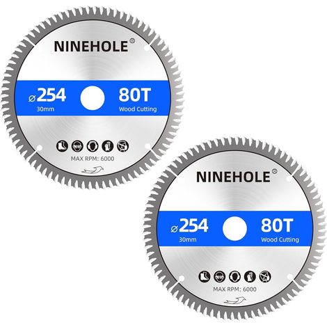 2 x Circular Saw Blade 254 x 30 mm (Ring 25 mm, 20 mm and 16 mm), 80 Teeth Clean Cuts, Cutting Disc for Wood, Drying, Laminate, Partition, Plywood, Plastic (1/5)