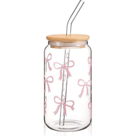 Gobelet En Verre 16 Oz - 1 Pièce - Design Nœud Coquette - Avec Couvercle Et Paille - Pour Café Cocktail Jus - Transparent (1/5)