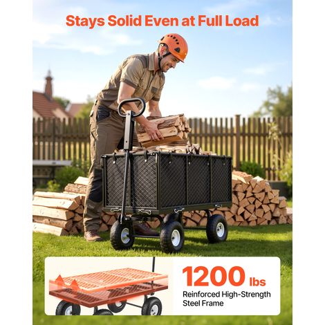 Chariot de Jardin en Acier Max. 544,3 kg Chariot de Transport de Jardin pour Bois Terre Débris, avec Côtés Amovibles, Pneus Pneumatiques 25,4 cm, Poignée Réglable, Compatible Quad Tracteur, Noir (1/5)