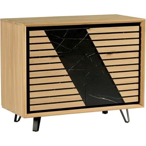 Buffet 2 portes chêne massif blanchi et décor marbre 105cm Casita STORIA