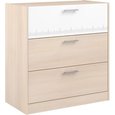 Commode 3 tiroirs aspect bois façade supérieure blanche sérigraphiée - CHARLINE (1/5)