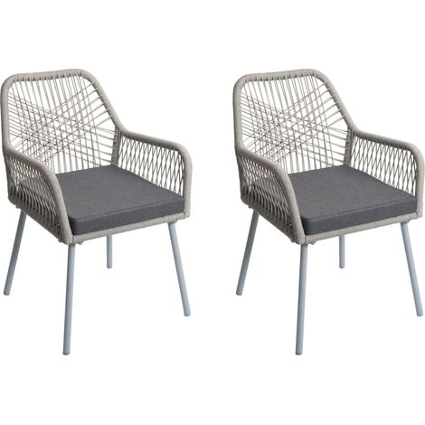 [NEUWERTIG] 2er-Set Gartenstuhl HHG-469, Outdoor Sitzpolster Aluminium Seilgeflecht Rope grau, Bezug dunkelgrau