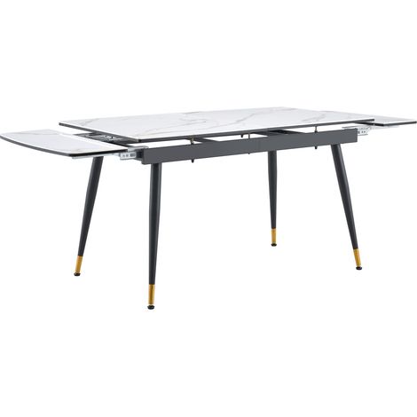 Ausziehbarer Esstisch aus weißer Keramik mit schwarzem Metallgestell und Golddetails (1/5)