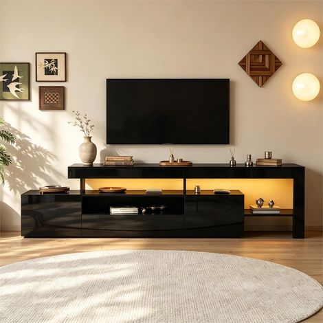 Meuble TV bas 192x37x53 cm pour TV jusqu'à 85 pouces, 3 portes abattantes, LED multicolore via application, niches ouvertes, façades brillantes, noir (1/5)