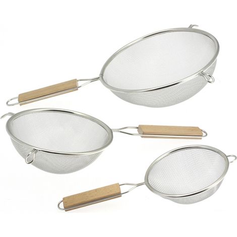 Ensemble de 3 passoires en inox avec poignées en bois