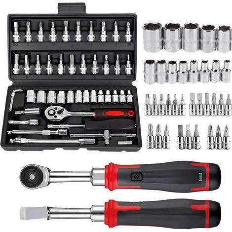 Set de 46 douilles avec clé à cliquet – Mallette noire – Réparation automobile – Bits et douilles – Kit complet (1/5)