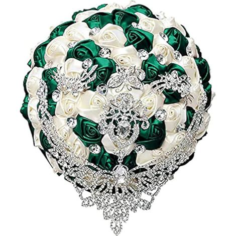 Bouquet de mariée de luxe fait à la main - Grande rose en soie avec ruban de satin, perles et strass - Bouquet de mariage royal vintage (vert foncé + ivoire) (1/3)