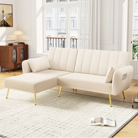 Divano angolare convertibile in velluto beige 191,5x130,5x80 cm, chaise longue reversibile e schienale regolabile (1/5)