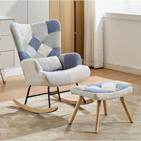 Schaukelstuhl mit Fußhocker, Stoff Beige und Blau, 84 x 68 x 91 cm, OKMYHOME (1/5)