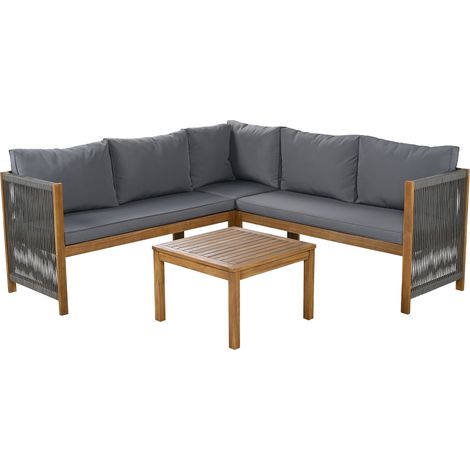 Ensemble de meubles de jardin, canapé d'angle + table basse, cadre en acacia, plateau en acacia, tressage de corde, adapté au jardin, gris (1/5)