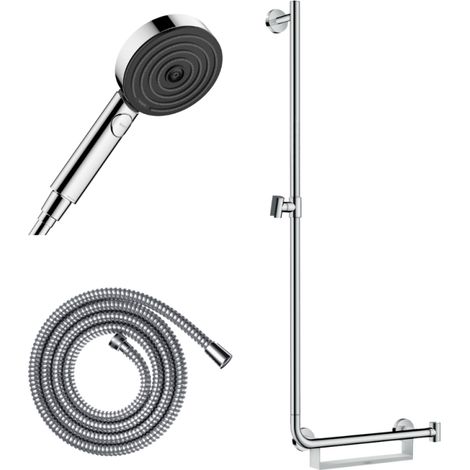 Barre de douche PMR HANSGROHE Unica 110 avec poignée à droite Chromé + Pommeau de douche Pulsify 3 jets + flexible Metaflex 160cm