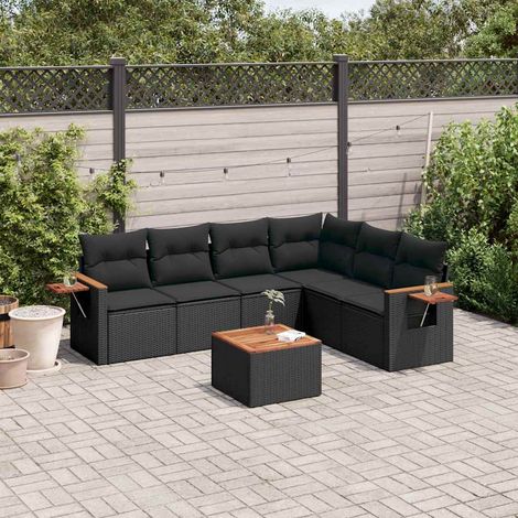 Salon de jardin 7 pièces avec coussins, résine tressée noire et table en bois d’acacia - PANGIVO (1/5)