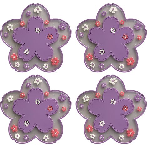 Jolis dessous de verre roses en macramé, dessous de verre amusants en silicone pour table basse en bois, set de table à fleurs (violet, petit)