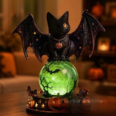 New Raven Crystal Ball Lighted Decor Halloween Crystal Ball Lamp - Bat Cat -