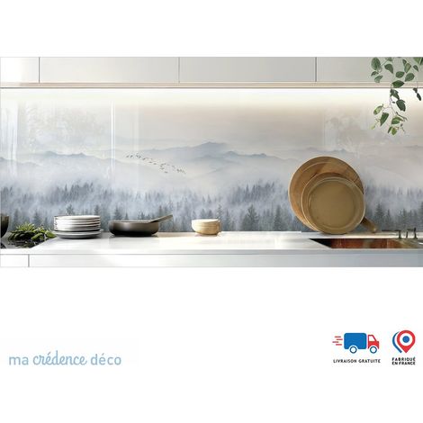 Crédence : Montagne dans la brume et oiseaux - Alu composite - 120 - 60 (1/3)