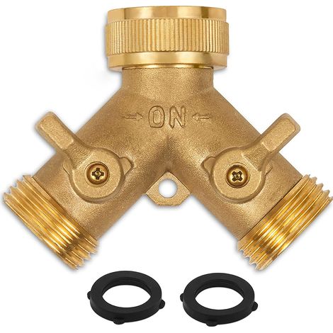 Conector de manguera de jardín de latón de alta resistencia con grifo divisor (2 vías) – Nuevo y mejorado – Incluye divisor de salida, adaptador de grifo con 2 válvulas, 2 arandelas de goma y cinta ad (1/5)