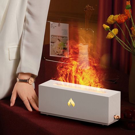 Diffuseur d'Air Flame  Apparence de Cheminée 3D  Flamme Multicolore  Protection d'Arrêt Automatique  Capacité 320ml  Humidificateur d'Air Silencieux pour Bureau & Chambre  Blanc (1/5)
