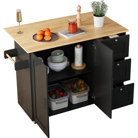 Îlot de cuisine mobile pliant avec plateau extensible 120/70 cm, 3 tiroirs, meuble de rangement à roulettes, 2 portes, noir et bois clair  CHICFURN (1/5)