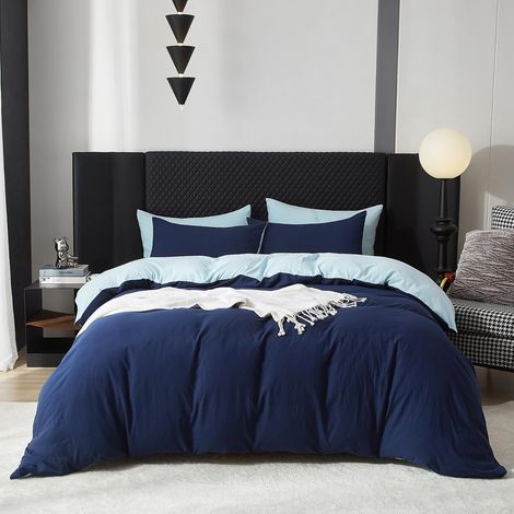 Coton Sets de Housse de Couette 220x240 cm Bleu Marine Parure de Lit Plissé Coton Adulte 2 Personnes Moderne Doux Respirant Linge de Lit avec2Taies d'oreiller 65x65cm Fermeture Éclair (1/5)