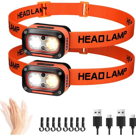 Lampe Frontale LED Ultra Puissante Rechargeable, Torche Frontales Lumière Blanche, Jaune, Rouge pour Casque de Chantier avec Détecteur de Mouvement, étanche pour Camping, Travail, 2 Paquets