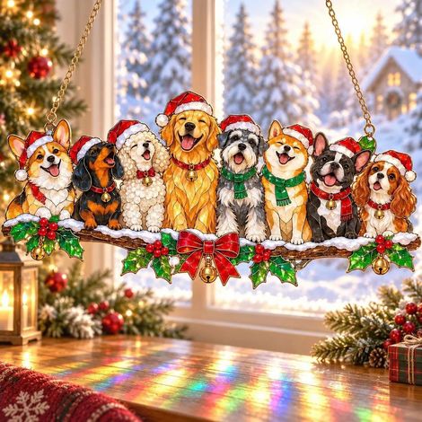 Attrape-soleil d'hiver fantaisie : décoration de fenêtre amusante sur le thème des chiens – Décoration de Noël à suspendre pour cheminées et entrées – Décoration hivernale