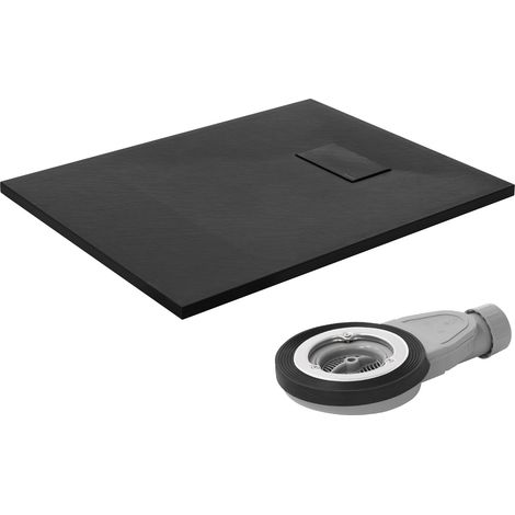 LuxeBath Duschwanne 90x70 cm Schwarz mit Ablaufgarnitur, Extra flache und robuste SMC Duschtasse, Rechteckige Brausewanne H:30 mm, Design Brausetasse Anti-Rutsch-Oberfläche in Schieferoptik mit Siphon (1/5)