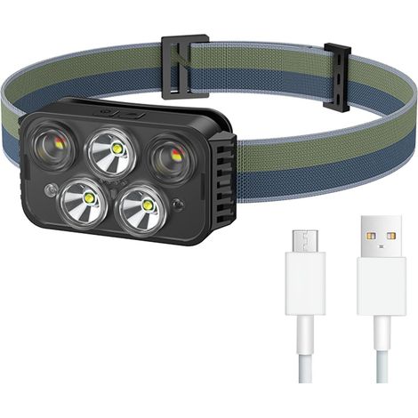 Lampe Frontale, Avec 5 Lumières et 6 Modes, Lumière Mains Libres LED 6000L étanche, Lampe Frontale Running LED (1/5)