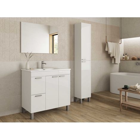 Mobile bagno a terra 80 cm bianco lucido con specchio - Foggia - Bianco lucido Con Doppia Colonna e Lampada Led - Colore: Bianco lucido - Accessorio: Con Doppia Colonna e Lampada Led