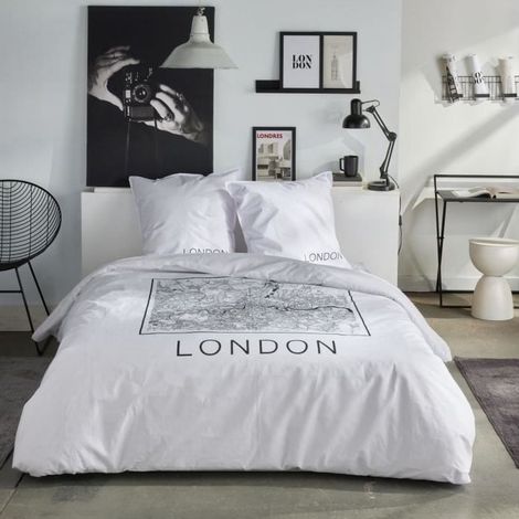Parure de lit - TODAY - JAVA - 2 personnes - 240x220 cm - Coton - Imprimé London - Blanc (1/4)