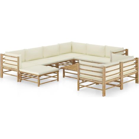 vidaXL Set de muebles de jardín 10 piezas bambú y cojines blanco crema (1/4)