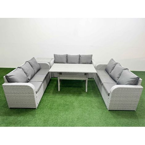 Fimous PE Rattan Lounge Sofa Set 9 Seater Outdoor Garden Furniture Set with Rectangular Dining Table 3 Seater Sofa Side Table Light Grey (1/4)